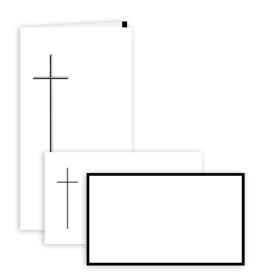 Trauerpapier Classic, die Karten haben eine Doppelkreuz als Motiv, die Umschläge einen schwarzen Rahmen, Rössler Classic